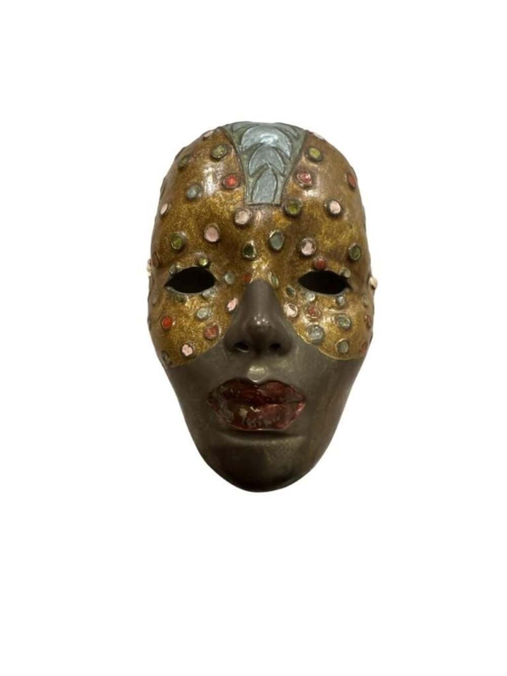 Vintage Decorative Brass Wall Hanging Masquerade Mask with Inlaid Stones